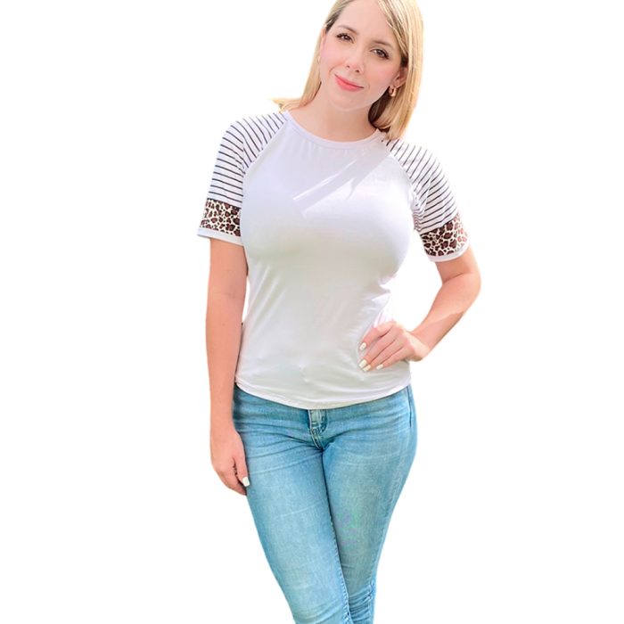 T-Shirt de Dama Manga 3/4 Animal Print y Rayas - A031