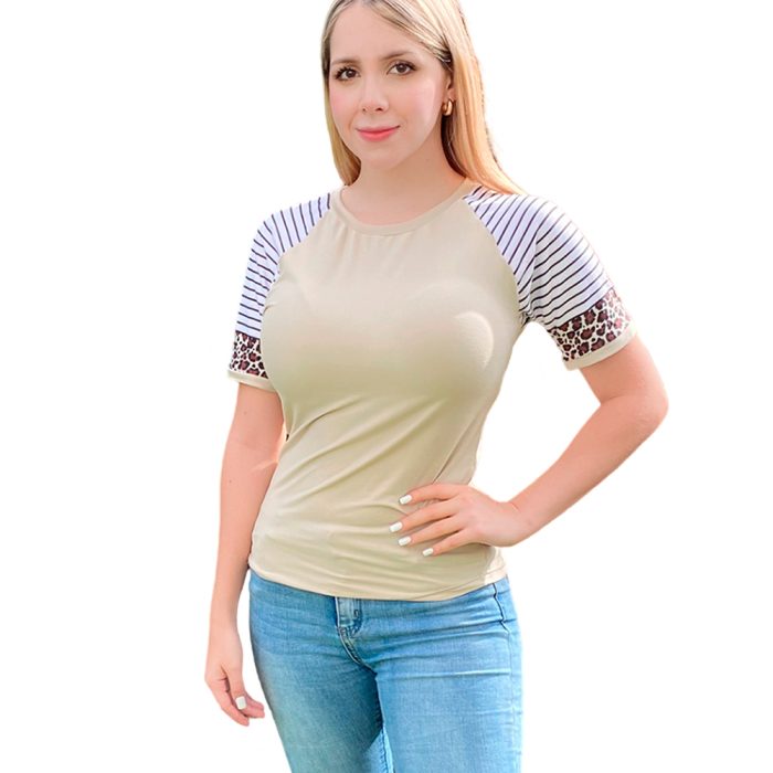 T-Shirt de Dama Manga 3/4 Animal Print y Rayas - A031
