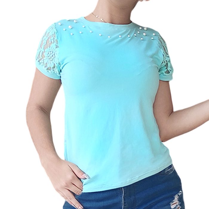 Blusa Con Perlas y Manga Blonda - E02