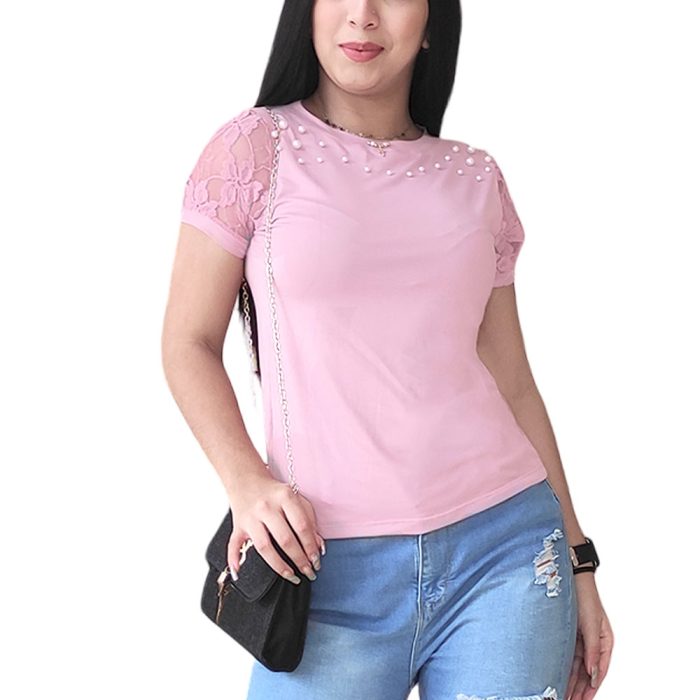 Blusa Con Perlas y Manga Blonda - E02