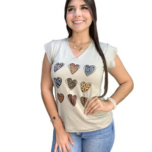 T-Shirt 9 Corazones Animal Print Manga Japonesa Cuello V