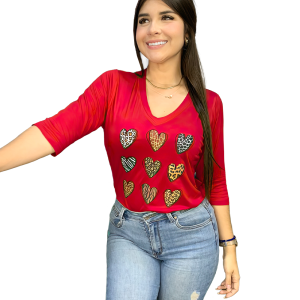 T-Shirt 9 Corazones Animal Print 3/4 Cuello V