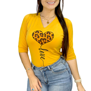 T-Shirt Love Corazón Animal Print Manga 3/4 Cuello V