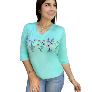 T-Shirt 5 Ramas con Flores de Colores Manga 3/4 Cuello V