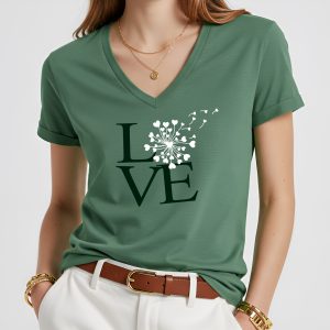 T-Shirt Love Diente de León Cuello V Manga Dobladillo